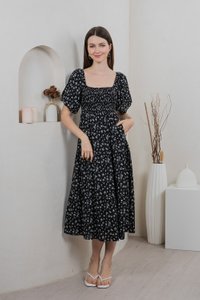 Twyla Smocked Tiered Midi Dress In Black