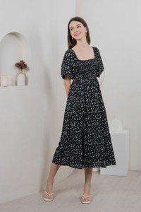 Twyla Smocked Tiered Midi Dress In Black