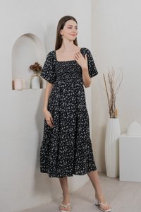 Twyla Smocked Tiered Midi Dress In Black