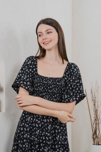 Twyla Smocked Tiered Midi Dress In Black