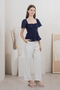 Estin Eyelet Embroidery Ribbon Top In Navy