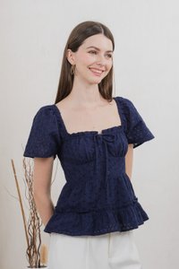 Estin Eyelet Embroidery Ribbon Top In Navy