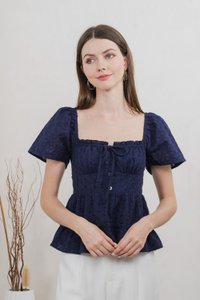 Estin Eyelet Embroidery Ribbon Top In Navy