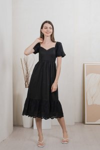 Everett Mixed Fabric Empire Midi Dress In Black