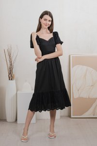 Everett Mixed Fabric Empire Midi Dress In Black