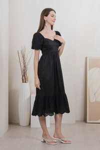 Everett Mixed Fabric Empire Midi Dress In Black