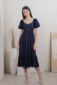 Everett Mixed Fabric Empire Midi Dress In Navy