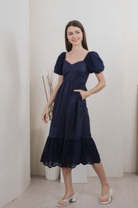Everett Mixed Fabric Empire Midi Dress In Navy
