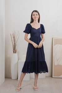 Everett Mixed Fabric Empire Midi Dress In Navy