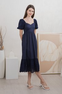 Everett Mixed Fabric Empire Midi Dress In Navy