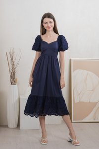Everett Mixed Fabric Empire Midi Dress In Navy
