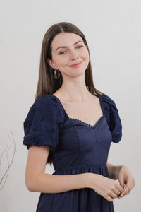 Everett Mixed Fabric Empire Midi Dress In Navy