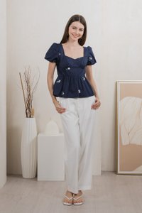 Flourish Floral Embroidery Top In Navy