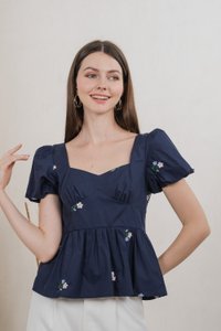 Flourish Floral Embroidery Top In Navy