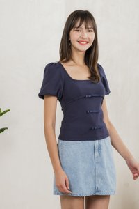 Blanca Ribbed Cotton Bow Top In Navy