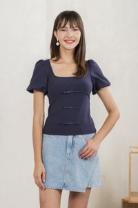 Blanca Ribbed Cotton Bow Top In Navy