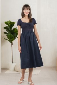 Mica Sweetheart Mix Fabric Midi Dress In Navy (XS)