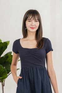 Mica Sweetheart Mix Fabric Midi Dress In Navy (XS)