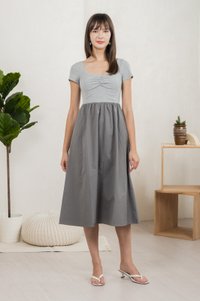 Mica Sweetheart Mix Fabric Midi Dress In Grey (XS)