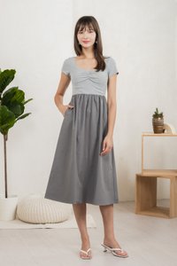Mica Sweetheart Mix Fabric Midi Dress In Grey (XS)