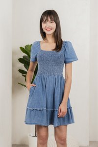 Rumi Smocked Denim Ruffles Dress (XS)