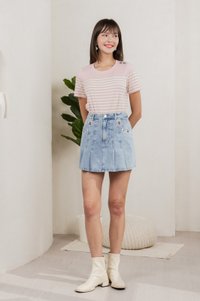 Berlin Striped Ribbon Button Tee In Pink
