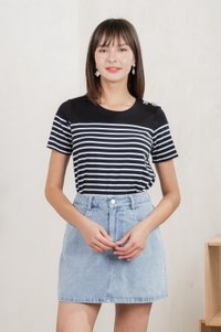 Berlin Striped Ribbon Button Tee In Black (S)