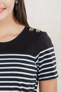 Berlin Striped Ribbon Button Tee In Black (S)