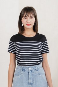 Berlin Striped Ribbon Button Tee In Black (S)