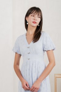 Eunice Ribbon Button Eyelet Midi Dress In Blue (XS)