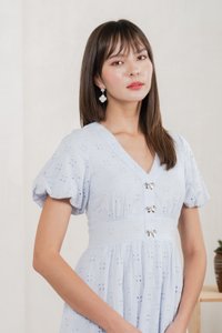Eunice Ribbon Button Eyelet Midi Dress In Blue (XS)