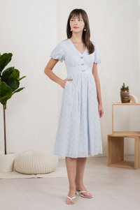 Eunice Ribbon Button Eyelet Midi Dress In Blue (XS)