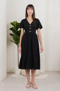 Eunice Ribbon Button Eyelet Midi Dress In Black (XS)
