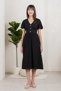 Eunice Ribbon Button Eyelet Midi Dress In Black (XS)