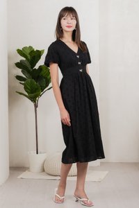 Eunice Ribbon Button Eyelet Midi Dress In Black (XS)