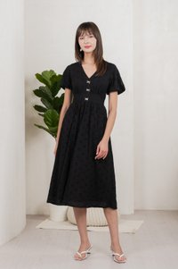 Eunice Ribbon Button Eyelet Midi Dress In Black (XS)