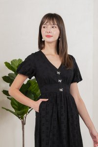 Eunice Ribbon Button Eyelet Midi Dress In Black (XS)