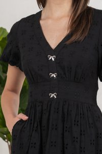 Eunice Ribbon Button Eyelet Midi Dress In Black (XS)