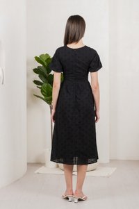 Eunice Ribbon Button Eyelet Midi Dress In Black (XS)