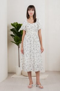 Hibiscus Floral Ruched Midi Dress In White (XS)