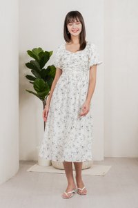 Hibiscus Floral Ruched Midi Dress In White (XS)