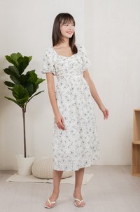 Hibiscus Floral Ruched Midi Dress In White (XS)