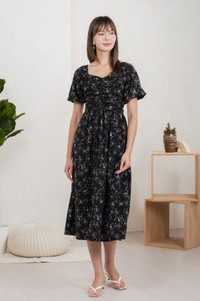 Hibiscus Floral Ruched Midi Dress In Black (XS)