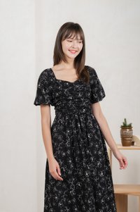 Hibiscus Floral Ruched Midi Dress In Black (XS)