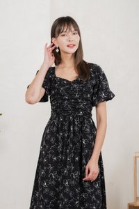 Hibiscus Floral Ruched Midi Dress In Black (XS)