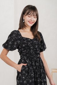 Hibiscus Floral Ruched Midi Dress In Black (XS)