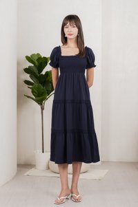 Coco Smocked Crochet Tiered Midi Dress In Navy (XS)