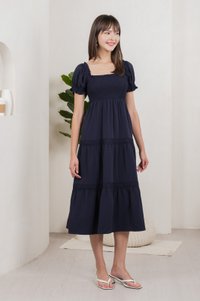 Coco Smocked Crochet Tiered Midi Dress In Navy (XS)