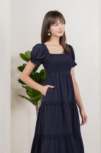 Coco Smocked Crochet Tiered Midi Dress In Navy (XS)