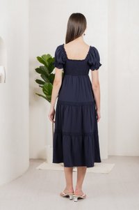 Coco Smocked Crochet Tiered Midi Dress In Navy (XS)